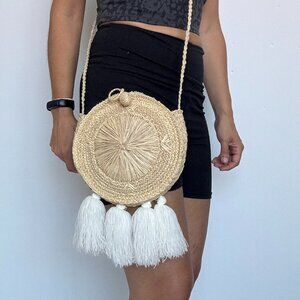 Summer Straw Crossbody Bag With Tassels